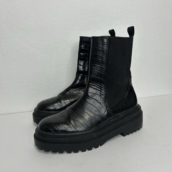 ZARA Black Chunky Chelsea Ankle Boots Womens 40/9 Lug Sole Platform Snake print - Picture 2 of 8